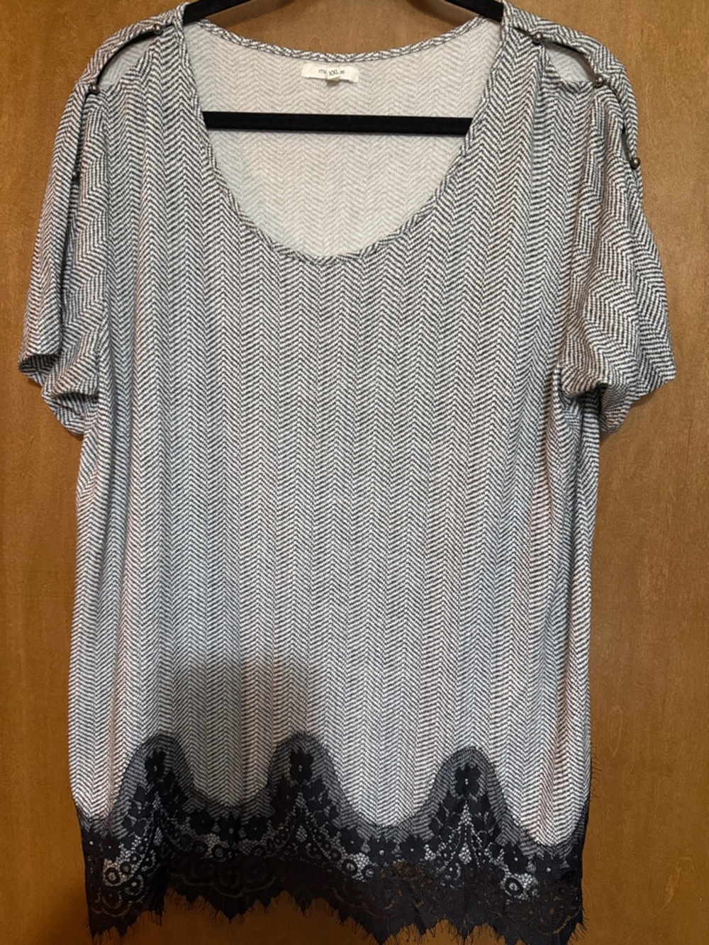 Maurices Black & White Chevron Scoop Neck Top with Lace Hem